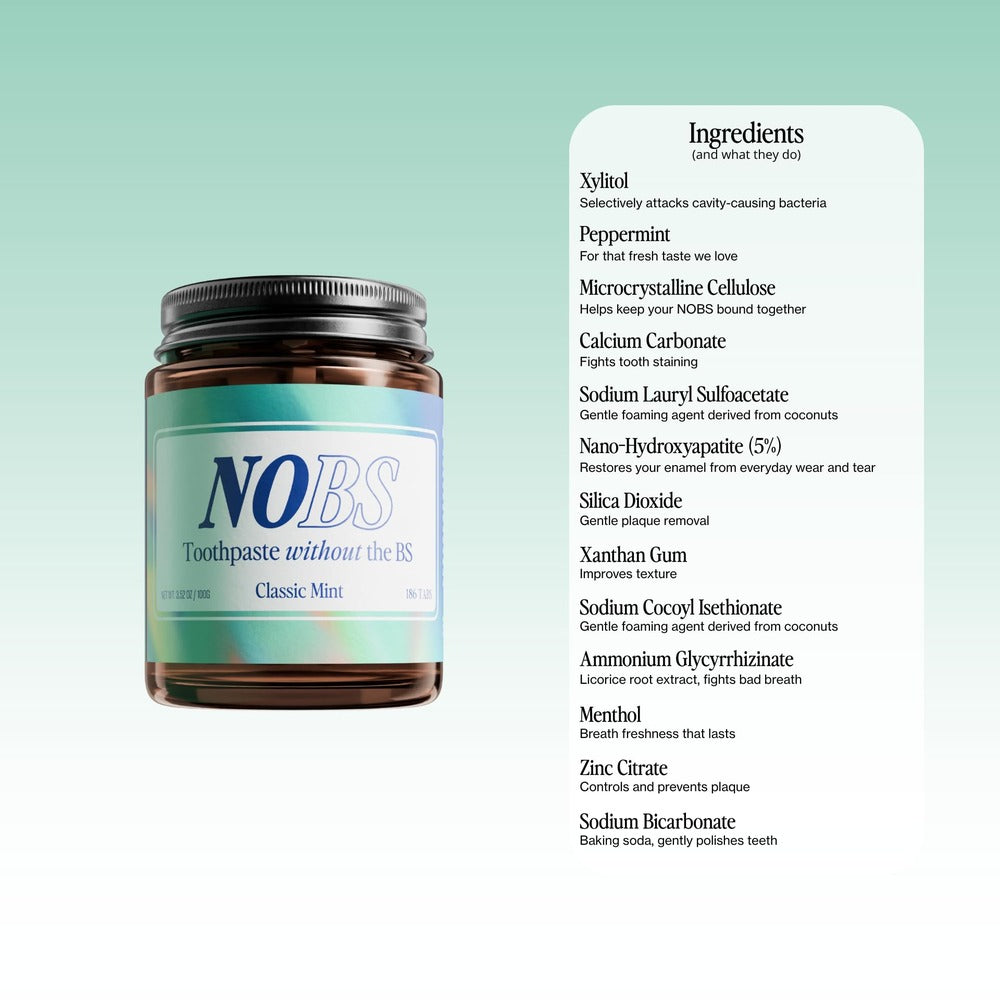 NOBS (No Bad Stuff) Toothpaste Tablets - Nano Hydroxyapatite, Fluoride & Plastic Free, Eco & Travel Friendly - Remineralize with NHA (3 Month)